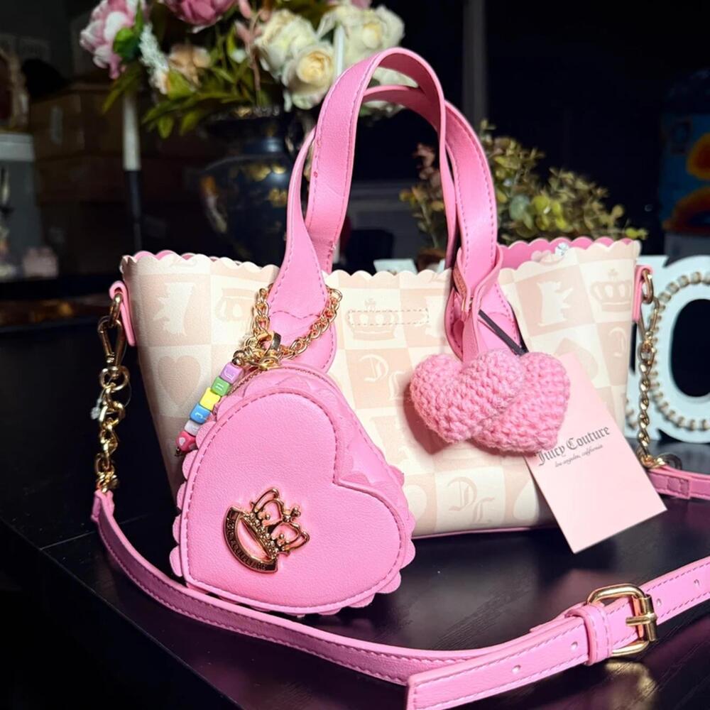 Juicy Couture Sweet Break Time Mini Tote Sandstone Pink Crossbody Charm Set NWT